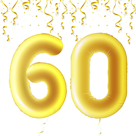 Inflatable golden balloons with falling confetti and hanging ribbons. Sixty years, vector illustration.のイラスト素材