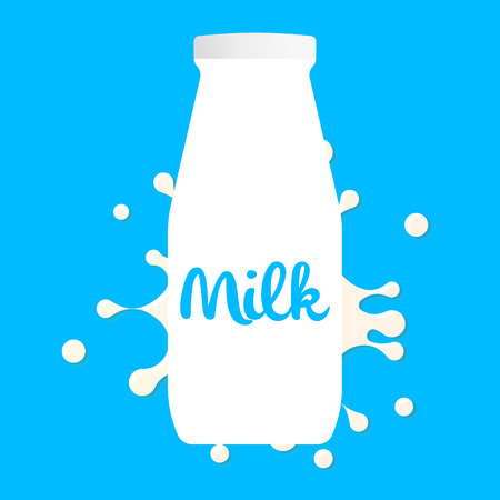 Bottle of milk, Splashes and blot, White minimalistic design, Vector logo, Simple flat illustration on blue backgroundのイラスト素材