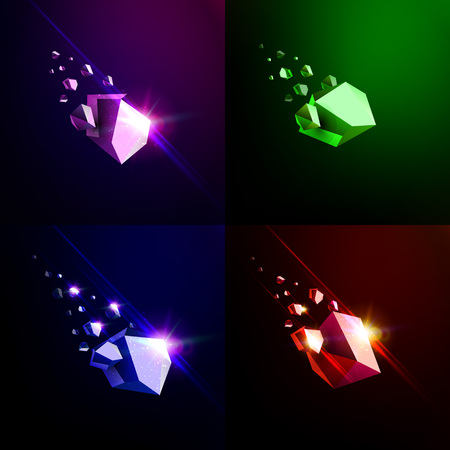 Falling beauty stone, collapsing asteroid, vector 3D illustration. Isolated unusual logo templateのイラスト素材