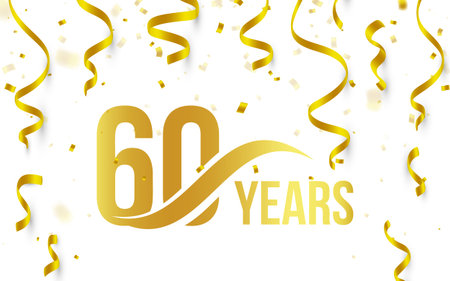 Isolated golden color number 60 with word years icon on white background with falling gold confetti and ribbons, 60th birthday anniversary greeting logo, card element, vector illustrationのイラスト素材