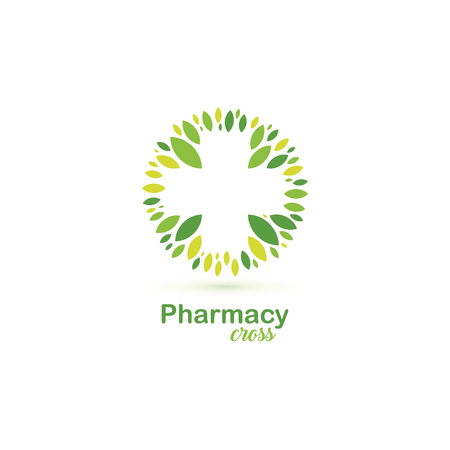 Pharmacy cross green leaves vector logo. Organic medical clinic symbol. Healthcare abstract treeのイラスト素材