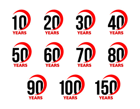 Anniversary sign set, black numbers with red abstract arc ribbon, birthday vector, business celebration icon collectionのイラスト素材