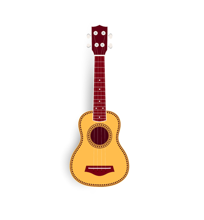 Ukulele vector realistic illustration, yellow small soprano ukulele for music shop or web. Hawaiian guitar, national musical instrumentのイラスト素材