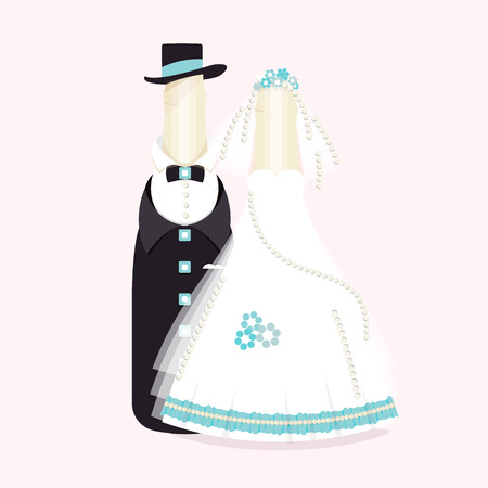 Bottles of wine, champagne in suits of newlyweds. elegant wedding design. Abstract groom and bride souvenirs, cake decorations. Vector illustrationのイラスト素材