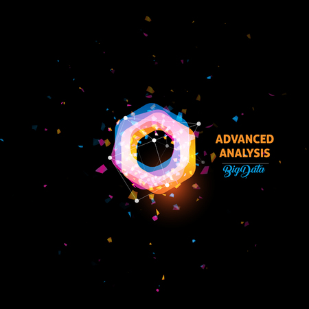 Advanced analysis, big data light bulb abstract vector icon. Isolated orange and blue color polygons shape, stylized lamp with text. Digital innovation technology vector illustrationのイラスト素材