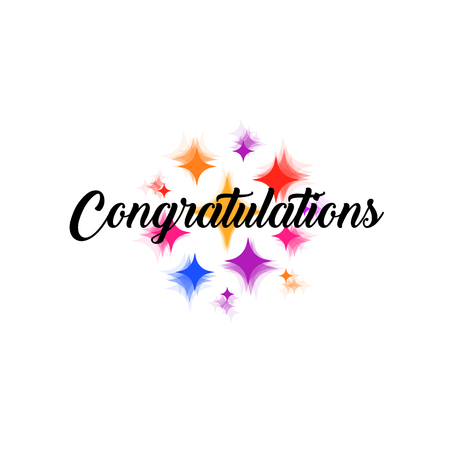 White holiday card or logo with lettering in a calligraphic style with the inscription Congratulations. Welcoming emblem text is surrounded by simples, focus and defocus balls, dots, asterisks.のイラスト素材