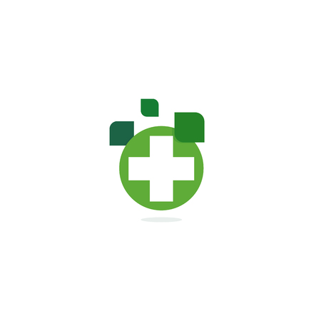 Green cross logo, eco healing herbs pharmacy, isolated vector logotype template on white background.のイラスト素材