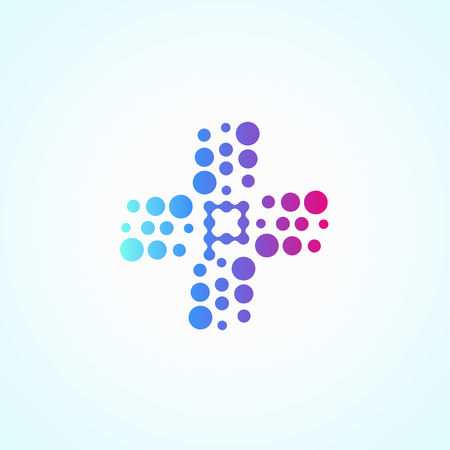 Letter P. Pharmacy colorful purple light logotype, store drugs bubbles icon, concept of pharmacist and chemist vector logoのイラスト素材