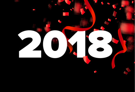 Vector 2018 Happy New Year blue and white illustration with glow, ribbons and confetti on black backgroundのイラスト素材