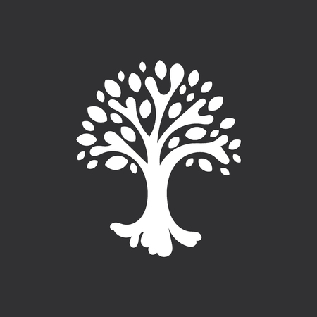 Abstract tree with leaves, life symbol, mascot white silhouette on black background.のイラスト素材