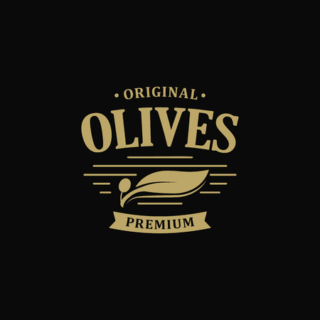 Extra virgin Olive oil premium quality. Olives branch vintage label. Healthy products retro green vector logo template. Eco food.のイラスト素材