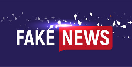 Fake News show logo template. Bubble speech news on blue background with fragments, particles. Vector Illustration.のイラスト素材