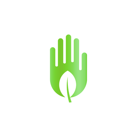 Green leaf in hand, harvest abstract icon, ecology care symbol, harvesting silhouette on white background, vector logo templateのイラスト素材
