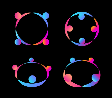 Abstract people holding hands stand in a circle icons set. Consulting logo concept. Friendship, collective, global business union. Child school, kindergarten isolated vector icon collectionのイラスト素材