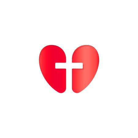 Christian symbol, cross negative space silhouette in red heart, vector concept icon. Religion logo, Gods help, care, faith logotypeのイラスト素材