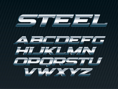 Steel font, metal letters set, chrome alphabet, silver vector letters, bold italic uppercase font for man on black background.のイラスト素材