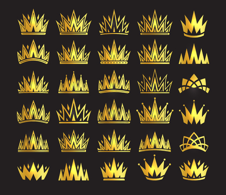 Queen crown, royal gold headdress. King golden accessory. Isolated vector set illustrations. Elite class symbol collection on black background.のイラスト素材