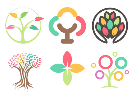 Set of icon of the trees. Abstract leaves icons. Eco park icon collection. Colorful leaves design element.のイラスト素材