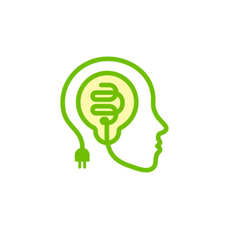 Face silhouette, contour from stylized electric wire with a light bulb inside the head. Idea icon, creative brain symbol, brainstorming outline icon, business concept logo, green vector illustration.のイラスト素材