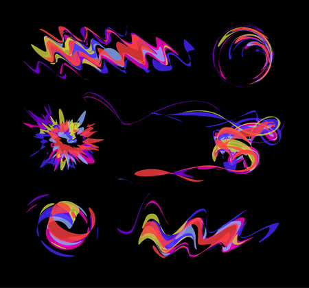 Abstract Brush Paint, Colorful Dynamic Design. Dynamic waves art, modern flow effect. Vector illustrations set on Black Background.のイラスト素材