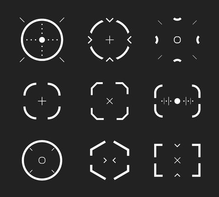 Sniper aim, bullseye, scope icons set, modern gamer collection. Shooting range, aim, target icon collection. Abstract design element, vector illustration on black background.のイラスト素材