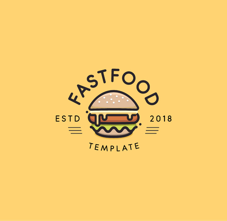 Fast food vector logo template. Hot burger design. Hamburger sign. Cheeseburger sign design.のイラスト素材