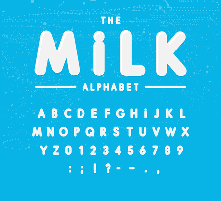 Milk alphabet vector set. Yoghurt or cream font. Dairy lettering. White bold capital letters, numbers, symbols on blue background with milk drops. Isolated vector letters and figuresのイラスト素材