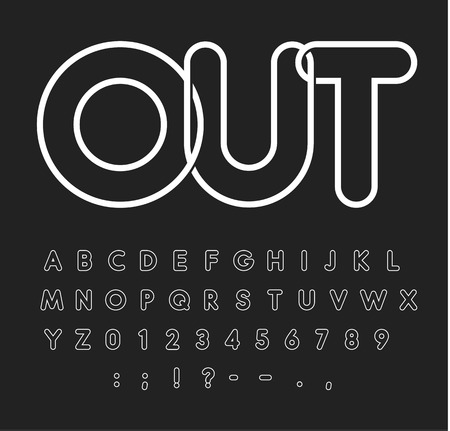 Contour alphabet, white letters on black background, outline style, modern typeface design, vector font template, uppercase letters, neon tube, monogram and logo template.のイラスト素材