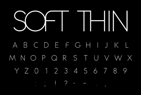 Soft thin font, thread stylish linear sans serif alphabet, slim letters with circular corners. Uppercase ABC signs, symbols and numbers, vector type template.のイラスト素材
