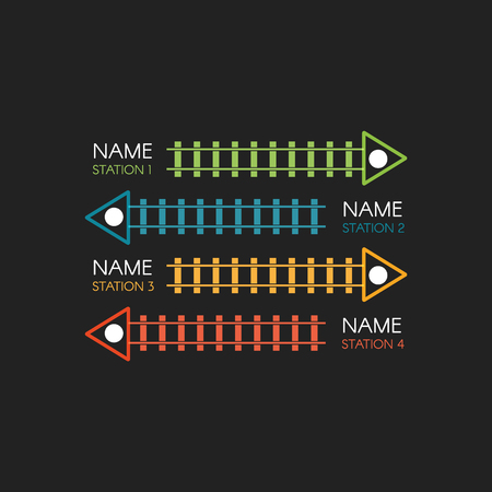 Railroad tracks, railway simple icon, rail track direction, train tracks colorful vector illustrations on black backgroud, colorful stairs, subway stations map top view, infographic elementsのイラスト素材