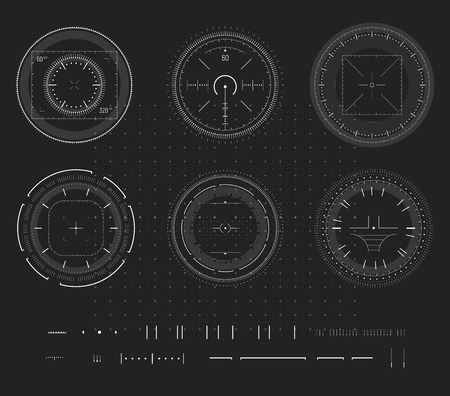 Sniper aim, digital smart device display, HUD infographic, design element. Shooting range, aim, target icon collection. Vector abstract logo template collection, illustration on black backgroundのイラスト素材