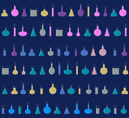 Laboratory tubes, vial with colored liquid, equipment for chemical experiments or tests, seamless science lab pattern, dark background, flat vector illustrationのイラスト素材