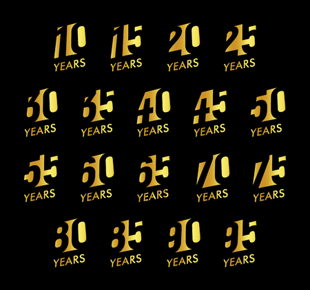Anniversary vector numbers set. Birthday celebration logo collection. Golden years signs on black background. Jubilee design illustration.のイラスト素材