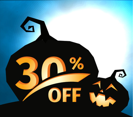 Pumpkin silhouette on dark blue sky with full moon. Halloween 30 percent off, sale banner. Holiday offer, autumn discount vector illustrationのイラスト素材