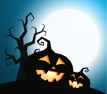 Pumpkins silhouette with dry tree on dark blue sky background with full moon light, vector illustration. Happy holiday banner template with text placeのイラスト素材