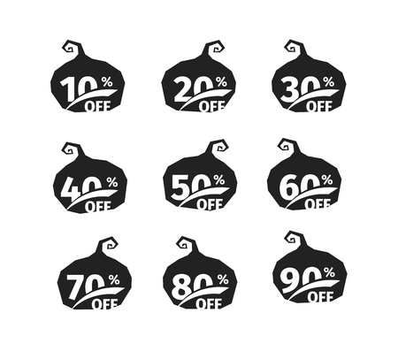 Black pumpkins silhouette with discount amount. Black vector tag collection on white background. Sale labelのイラスト素材