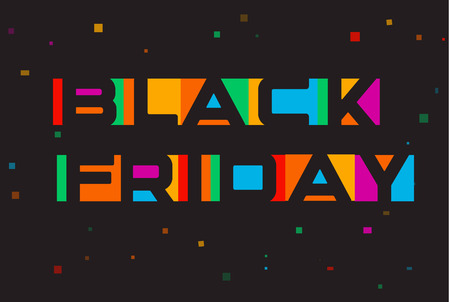 Colorful text vector icon. Big shopping logo template. Black Friday banner. Negative space style letters. Colored bright cartoon market tag. Isolated vector illustration on black background.のイラスト素材