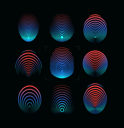Set of fingerprint vector icon. Round digital finger print symbol. Security system logo template. Blue and red gradient forefinger color illustration on black background. Identity technology. Vectors.のイラスト素材
