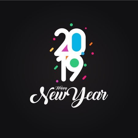Creative Colorful Happy New Year 2019 design card on black background. Vector illustration.のイラスト素材