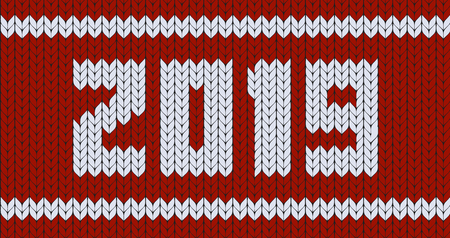 Norvegian traditional knit sweater with 2019 text . Red christmas and new year background template. 2019 year textile texture banner, vector illustrationのイラスト素材