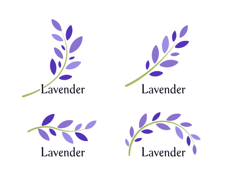 Lavender icons set. Violet leaves and green branch of lavender. Natural herb logo template. Vector illustration.のイラスト素材