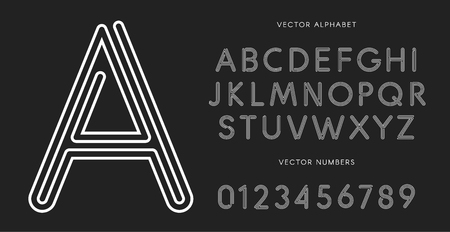 Line letters and numbers set on black background. Monochrome vector latin alphabet. Lacing white font. Rope ABC, maze monogram and poster template. Typography designのイラスト素材