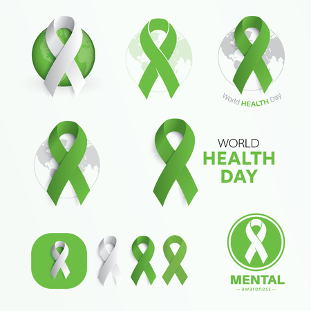 World Health Day symbols. Modern abstract vector signs set. Flat green color ribbons. Template for the charity event, medical logo, flyer, presentation, awareness infographic. Vector illustration.のイラスト素材