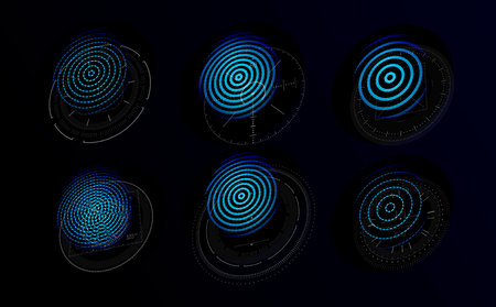 Futuristic holograms with graphic fingerprints. Blue icons set for personal identification systems based on fingerprints or retina. Logo teplate for digital security system. Vector illustration.のイラスト素材