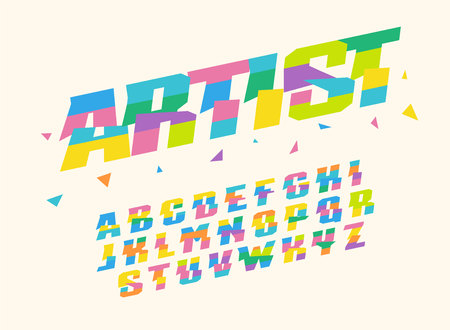 Colored paper triangles and stripes Vector alphabet. Bright, colorful, childish font for decorating holiday, anniversary, birthday or art festival and event.のイラスト素材