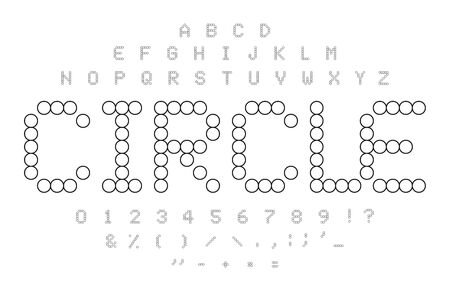 Circle contours alphabet. Black and white simple dotted letters, numbers and symbols set. Mosaic tiles shape. Circle puzzle font concept.のイラスト素材