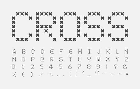 Abstract stitches letters set. Cross alphabet. Seam headline ABC. Cross stitch font design. Vector black letter on white background.のイラスト素材