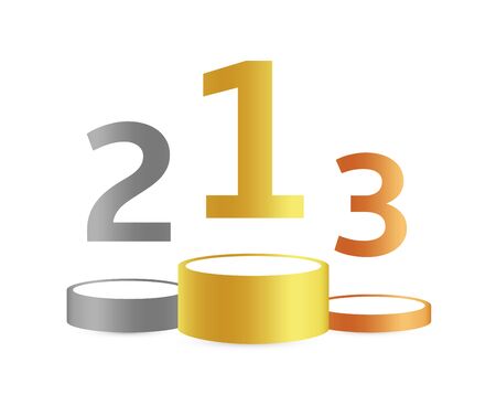 Three podiums for first, second and third place. Golden, silver and bronze pedestal or platform with number on top on white background. Vector illustration, simple symbol.のイラスト素材