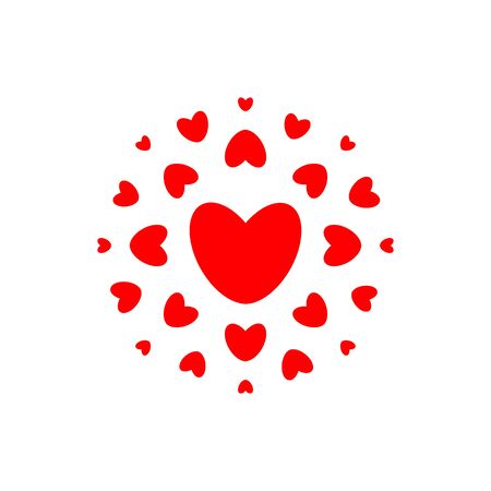 Love and health symbol. Red hearts in circle, simple elegance round logo template. Concept design for wedding day, valentine day, pharmacy decor. Isolated vector emblem.のイラスト素材