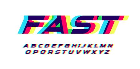 Overprint letters and numbers set. Glowing red blue yellow spectrum effect style vector latin alphabet.のイラスト素材